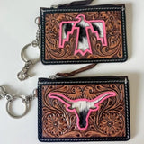 Longhorn Western Cowhide Tooled Leather Keychain Wallet Pink Outline