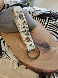 Hand-Cut Distressed Leather Key Fob in White, Black & Gold