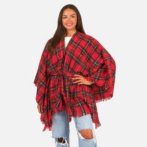 Soft Knit Plaid Ruana Wrap With Tie and Fringe Detail Tartan Plaid Red