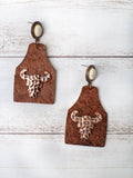 Take A Number Cowboy Brown Cowhide Copper Cow Skull Earrings