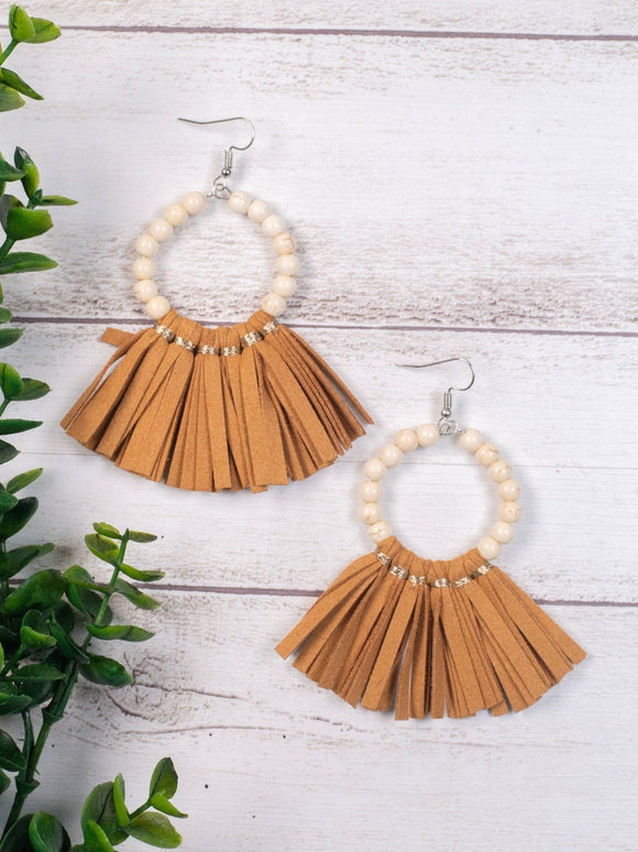 Classy Sass Cream Bead Drop Brown Fringe Earrings