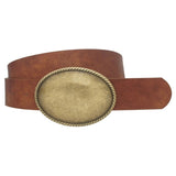 Brown Western Rope Trim Vegan Leather Belt with Oval Burnished Gold Buckle