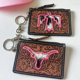 Pink Thunderbird Western Cowhide Tooled Leather Keychain Wallet