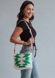 Beige, Green & Pink Aztec Woven Cotton Crossbody Bag | Boho Removable Strap