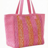 Nautical Stripe Paper Straw Tote Bag in Pink