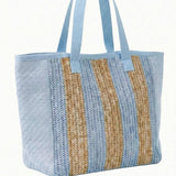 Nautical Stripe Paper Straw Tote Bag in Blue