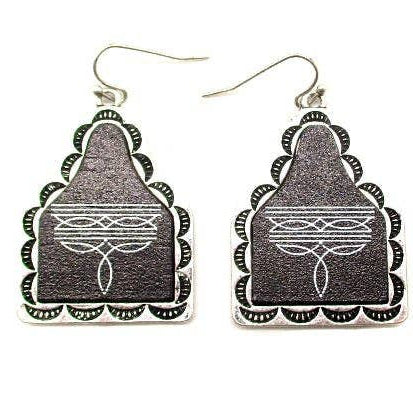 Western Boot Stitch Print Cattle Tag Earrings Black Silver