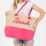Crochet & Color-Sewn Rope Beach Tote Bag in Hot Pink