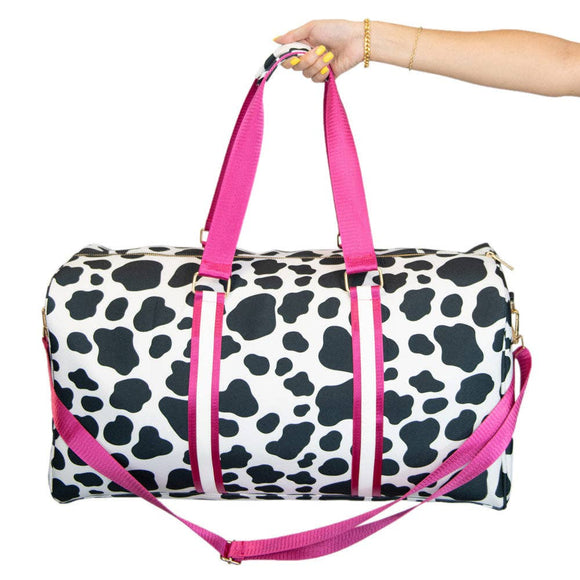 Hot Pink Black and White Cow Print Western Cowgirl Weekender Duffle Travel Bag