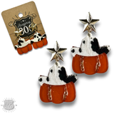 Western Hat Pumpkin Earrings Cow Print and Orange