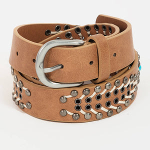 Boho Vegan Leather Studded Woven Belt Camel Brown