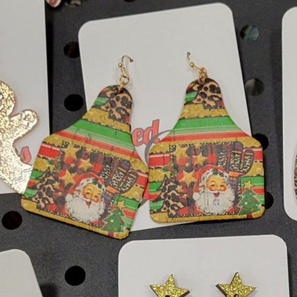 Serape Old Fashioned Santa Cow Tag Dangle Earrings