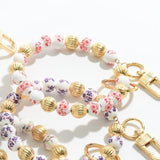 Red & White Chinoiserie Porcelain Flower Beaded Bangle Bracelet Key Ring