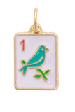 Sparrow Mahjong Tile Charm | White & Teal Gold-Plated Pendant