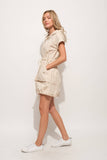 Short Sleeve Drawstring Hooded Mini Dress Almond