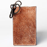 Genuine Cowhide Leather Keychain Cardholder Wallet with Snap Closure Brown White