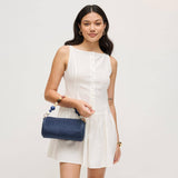 Rachel Woven Barrel Clutch | Navy with Beaded Handle & Chain Strap
