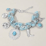 Western Charm Station Fabric Chain Bracelet | Boot, Hat & Pistol | Silver Turquoise