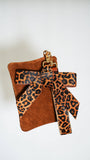 Suede Wristlet Set - 3-Piece with Bow & Loop Charms Camel Brown Leopard