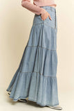 Denim Button-Front Ruffle Hem Maxi Skirt