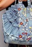 Floral Embroidered Ruffle Denim Tote Bag