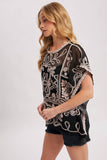 Embroidered Mesh Crochet Top - Black with Ivory Detail