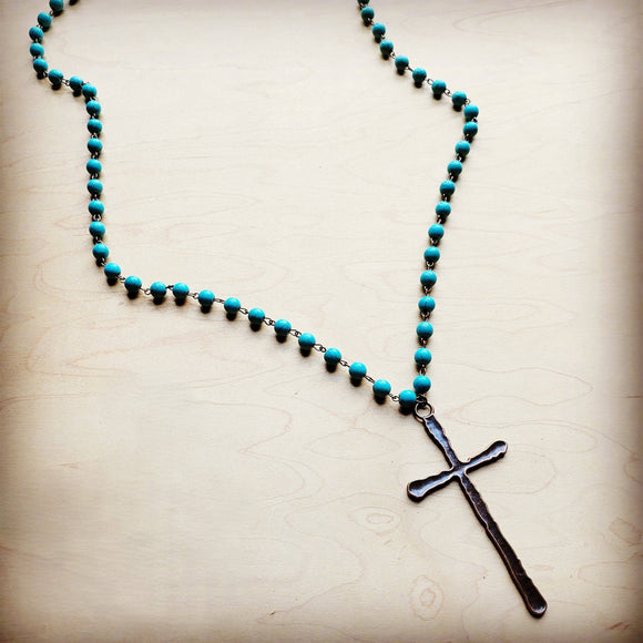 Turquoise Long Beaded Necklace with Antique Copper Cross