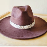 Sandy White Floral Embossed Leather Hat Band with White Turquoise Slab