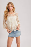 Boho Sheer Crochet Top - 3/4 Sleeve Lace Blouse Ivory