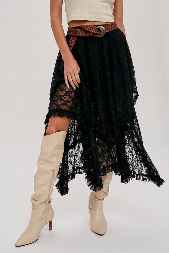 Boho Floral Lace Tier Midi Skirt Black