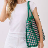 Gingham Check Terry Cloth Frayed Tote Bag in Pink & Green