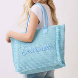 Woven Straw Fringe Tote with Summer Embroidery & Gold Lurex in Blue