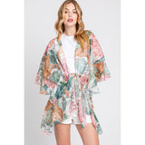 Ruffle Lined Tropical Leaves Print Kimono