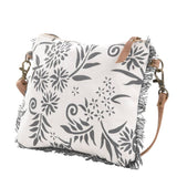 Canvas With Flowers And Fringe Trim Crossbody Bag Purse Blue White Tan