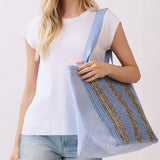 Nautical Stripe Paper Straw Tote Bag in Blue