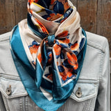 White and Teal Floral Printed Western Southwestern Wild Rag Scarf Accent