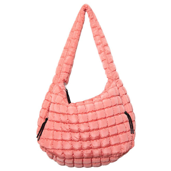 Coral Oversized Slouchy Quilted Puffer Puffy Hobo Tote Bag