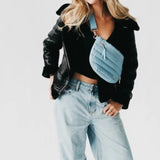 Light Denim Blue Quilted Puffer Sling Crossbody Belt Bag