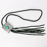 Black Turquoise Concho Western Braided Leather Fringe Necklace