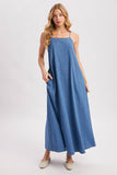 Denim Open Back Maxi Dress - Sleeveless Tent Dress with Pockets