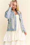 Floral Embroidery Mesh Denim Jacket | Sheer Panel Button-Front