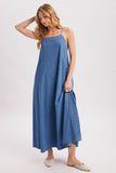 Denim Open Back Maxi Dress - Sleeveless Tent Dress with Pockets