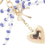 Blue White Porcelain Pearl Beaded Coquette Bow Heart Keyring Keychain Bag Charm