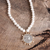 Boho Coin & Pearl Statement Necklace | Mixed Metal Gold & Silver Tone