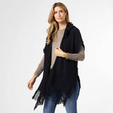 Eloise Hooded Ruana with Frayed Fringe Black