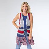 Victory Cotton Crochet Fringe Vest Americana Patriotic Red White Blue