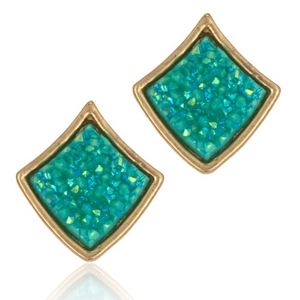 Druzy Stone Square Diamond Shape Stud Earrings Green