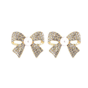 Gold Rhinestone Bow Pearl Earrings