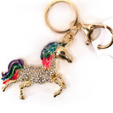 Bling Crystal Rhinestone Unicorn Key Chain Bag Charm Rainbow Gold
