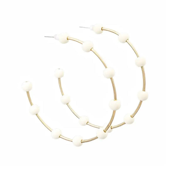 Gold with Cream Bead Hoop Earrings